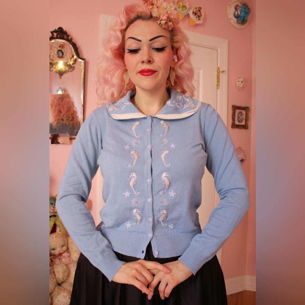 PLZ READ! - Voodoo Vixen Blue Cardigan with Embroidered Seahorses XL